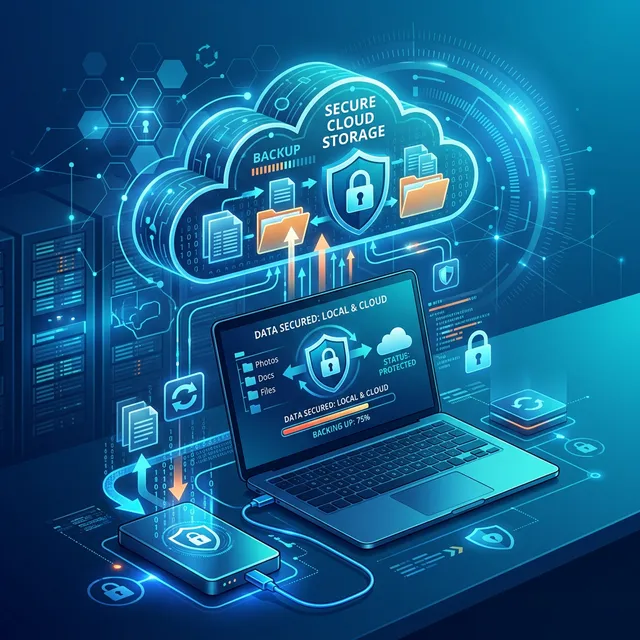 Concepto de respaldo de datos en disco externo y nube