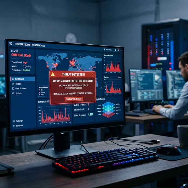 Pantalla de computadora mostrando alerta de virus